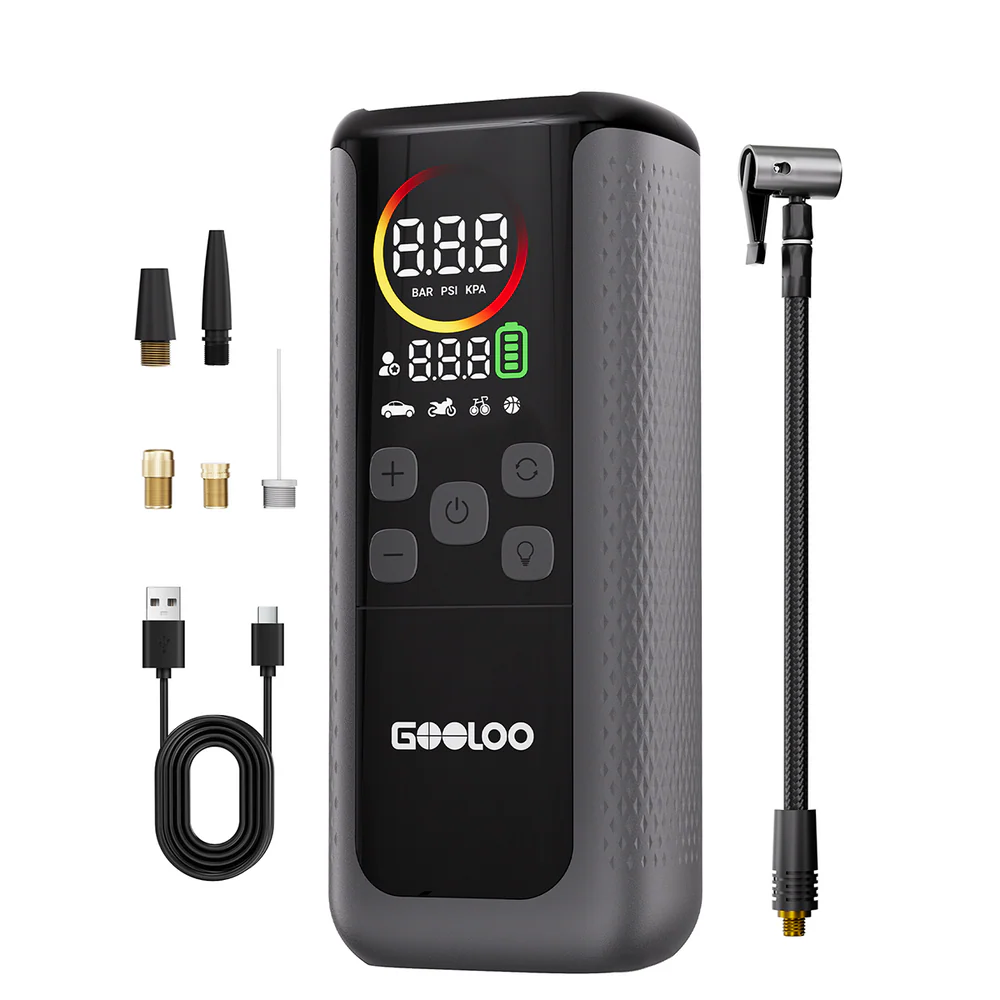 compact tyre inflator, power bank, and LED light in one
