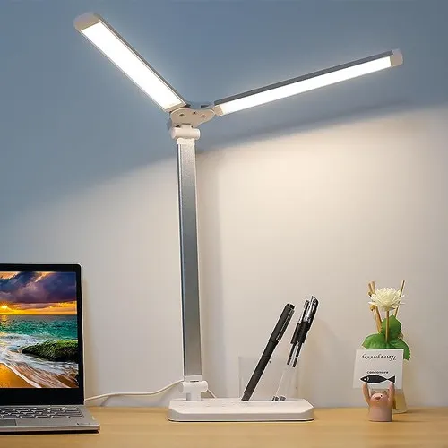 Dual Swing Arm LED Desk Lamp with USB Charging, Touch Dimming & Auto Timer