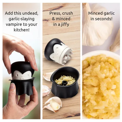Vampire-Style Garlic Crusher & Mincer. Twist-action design for quick, controlled mincing, Keeps hands clean and free from lingering odours