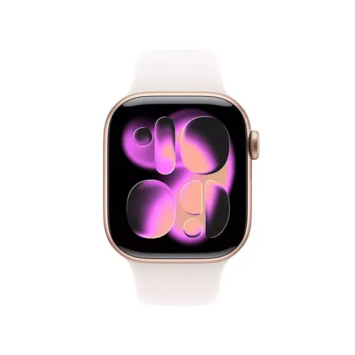 Apple Watch Series 11 GPS 42mm smartwatch with rose gold aluminium case and light blush sport band