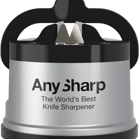 AnySharp Knife Sharpener Classic – Hands-Free PowerGrip. Unlike many manual sharpeners, Its unique PowerGrip suction base locks securely onto smooth surfaces, allowing safe, one-handed sharpening.