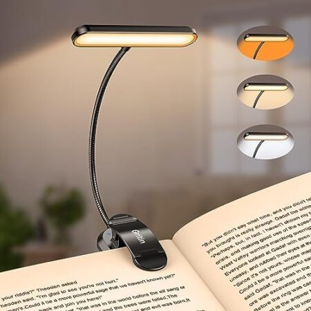 Gritin LED Book Light in black with flexible clip-on reading lamp design